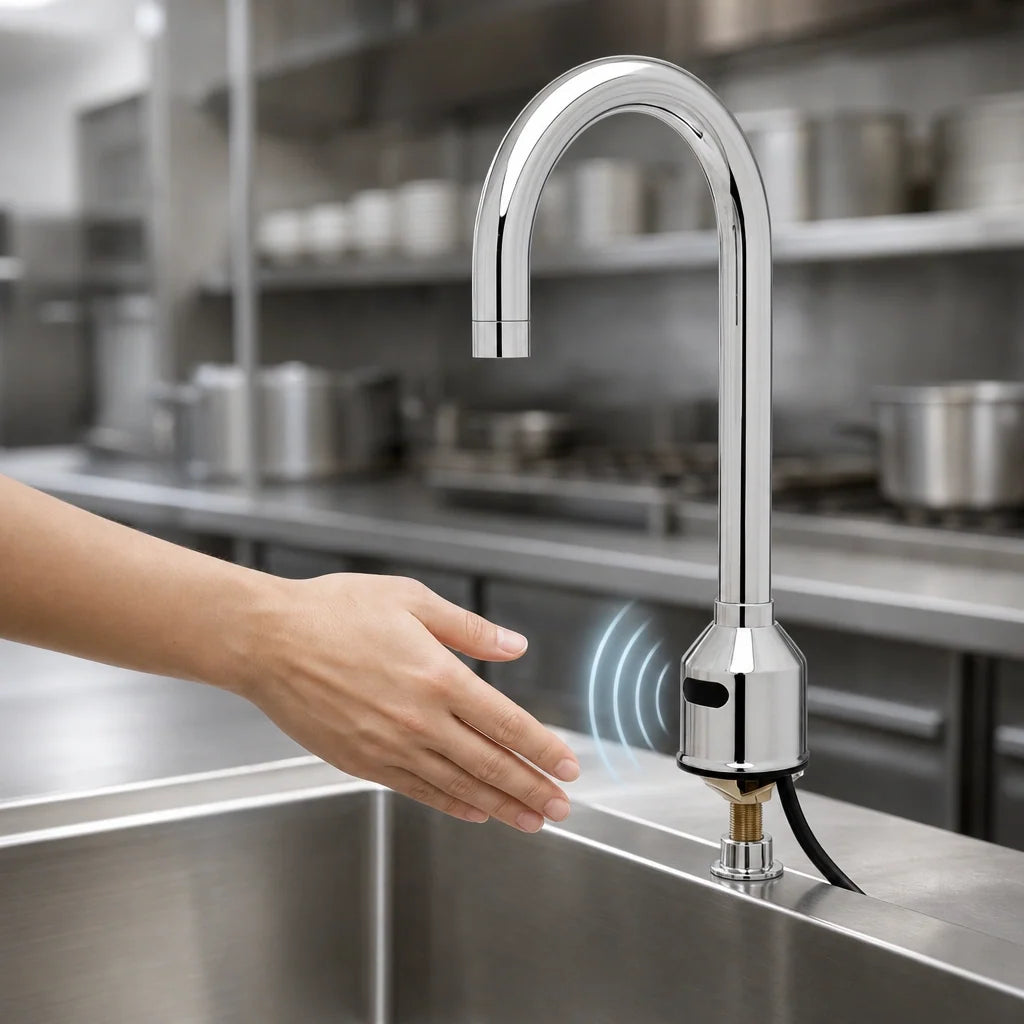 T&S Brass equip 5EF-1D-DG-VF05 Low-Lead Touchless Electronic Sensor Faucet, Deck-Mount, Single-Hole, Rigid Gooseneck, 0.5 GPM, Chrome-Plated Brass