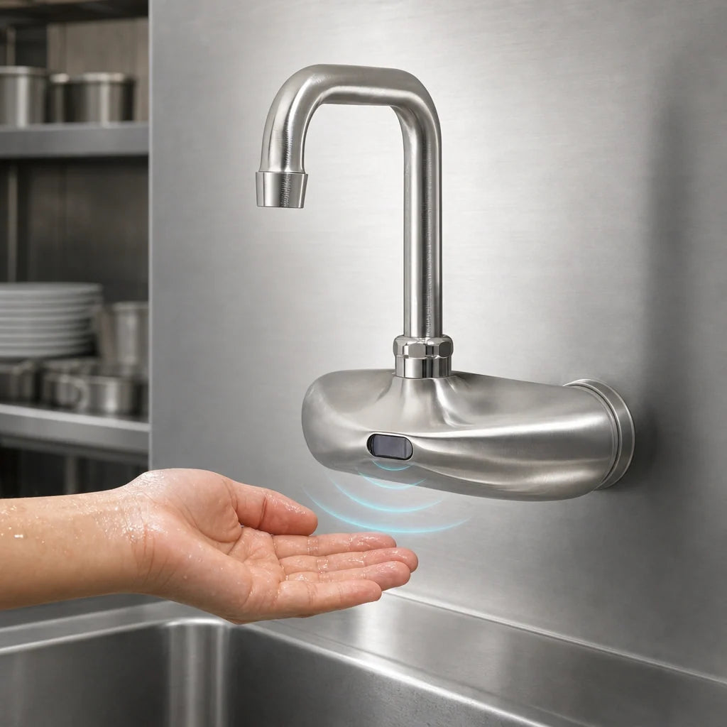 Krowne Royal Series 16-670-M-M1 Touchless Wall-Mount Sensor Faucet, 4-Inch Centers, 4-1/2-Inch Double-Bend Spout, Brushed Nickel, 1.00 GPM