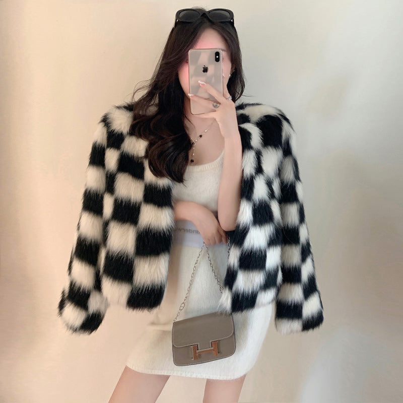 Jacket Women Winter Fur Coat Hanbok Women's Black and White Checkerboard Contrast Color Coat Women's Fur Coat