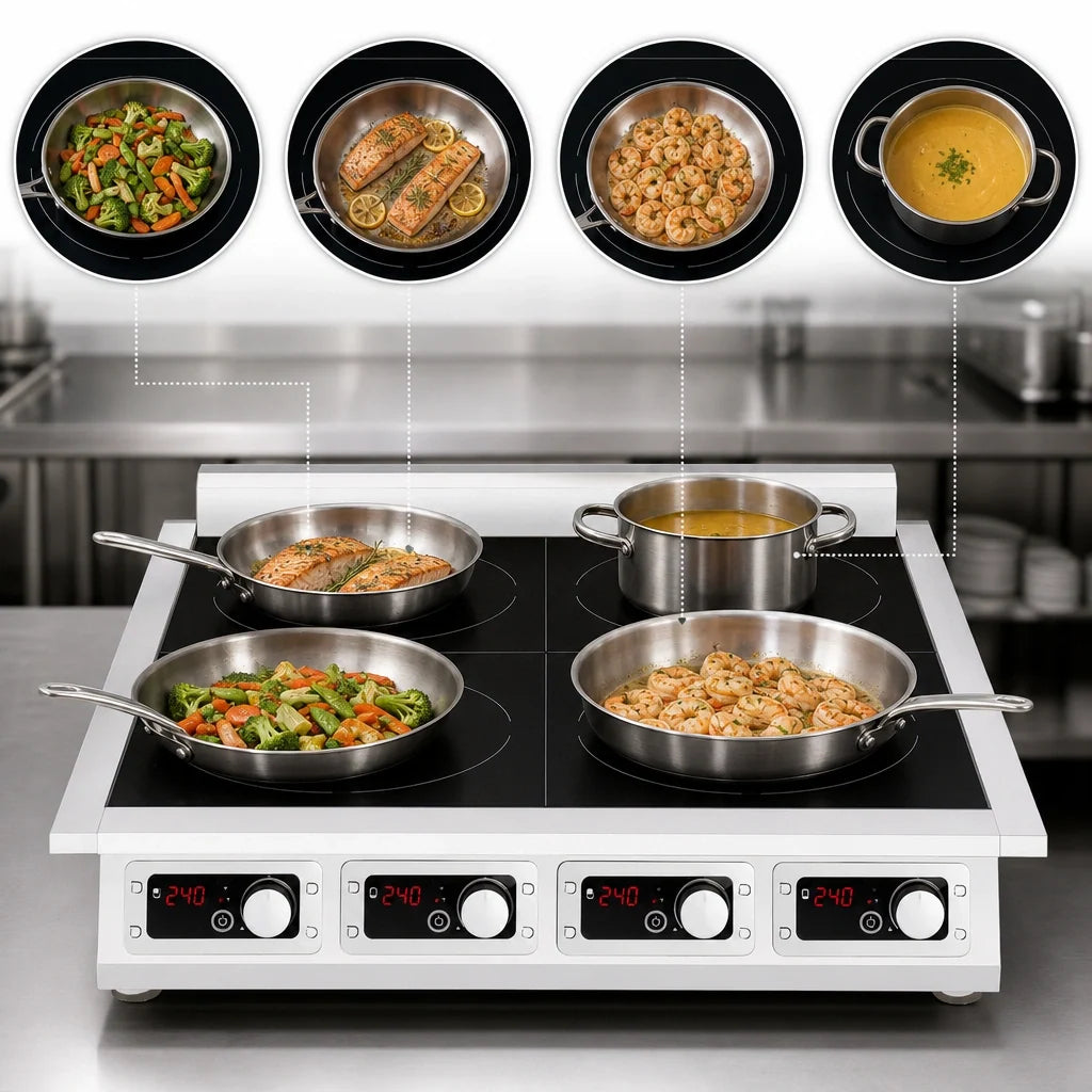 Eurodib CCI4351PH Commercial 4-Zone Induction Cooktop, Countertop, 3,500W Zones, 240V, Stainless Steel