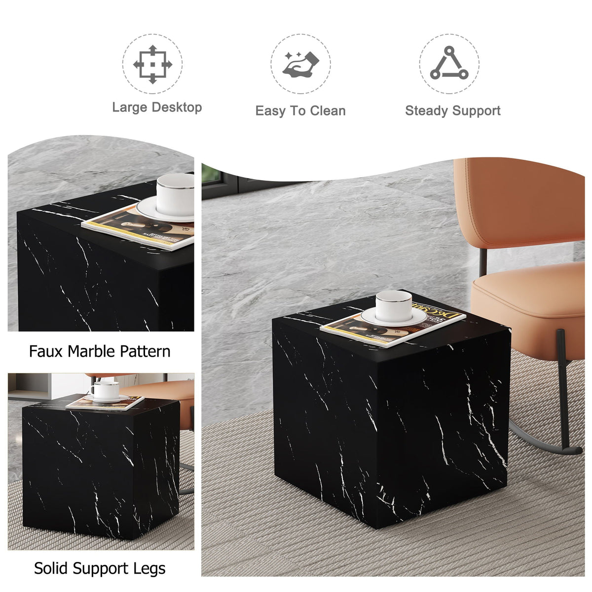 Luxurious Marble Texture Coffee Table Cube Design Elegant Living Room Accent - Black