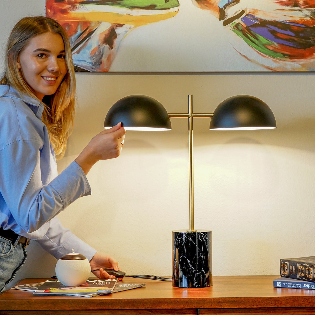Hydro Table Lamp with Double Lamp and Marble Base - Black / Gold / Marble