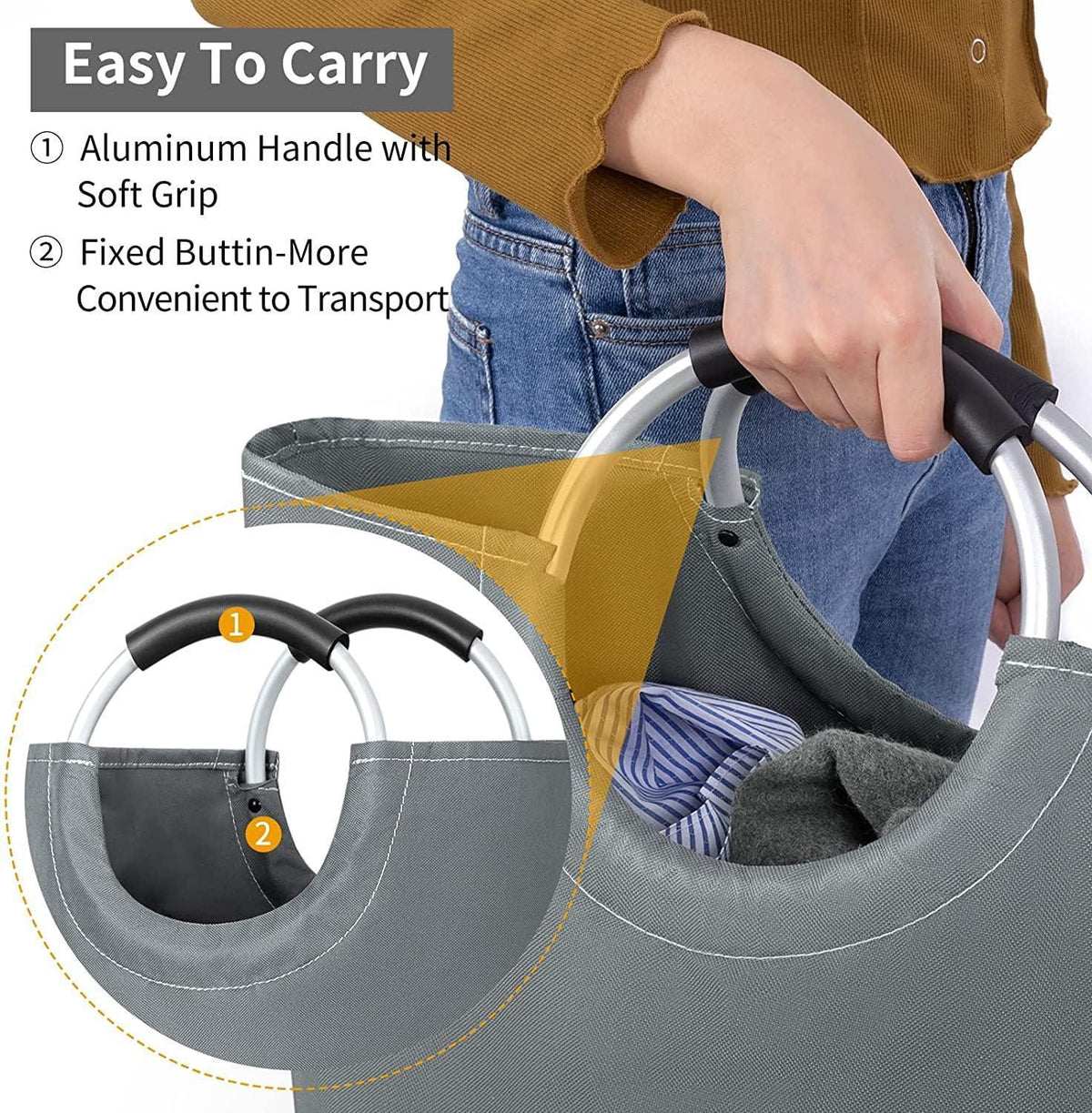 82L Large Laundry Basket Collapsible Grey Silver Fabric Hamper Foldable Laundry Bag With Handles Waterproof Washing Clothes Bin Bag Dirty Cloth Storage