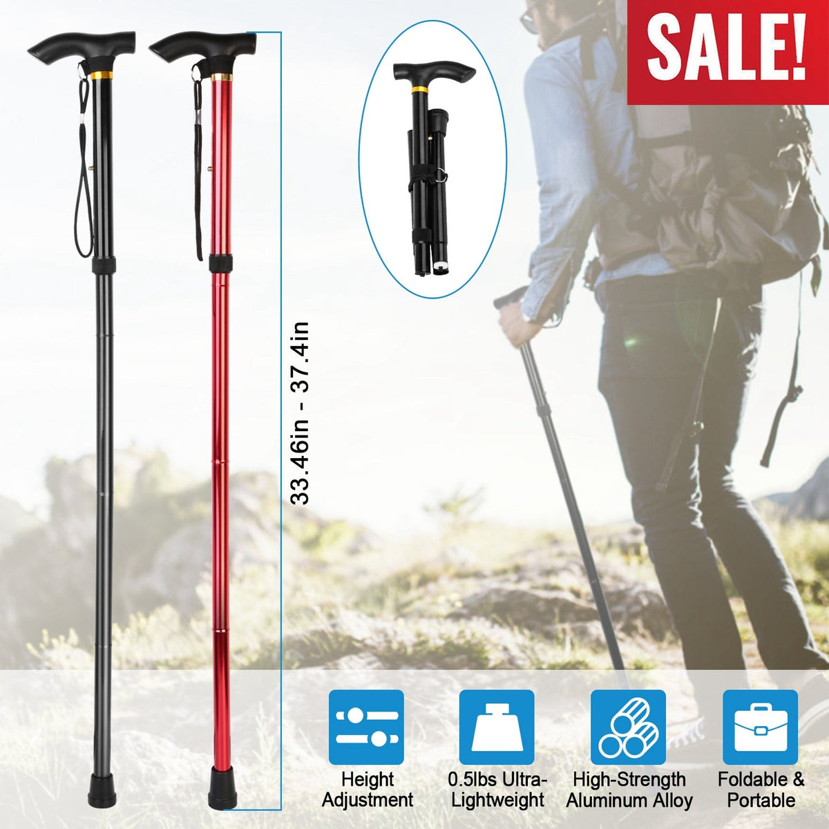 Walking Cane Aluminum Alloy Walking Stick Adjustable Folding Travel Hiking Stick Anti-Slip