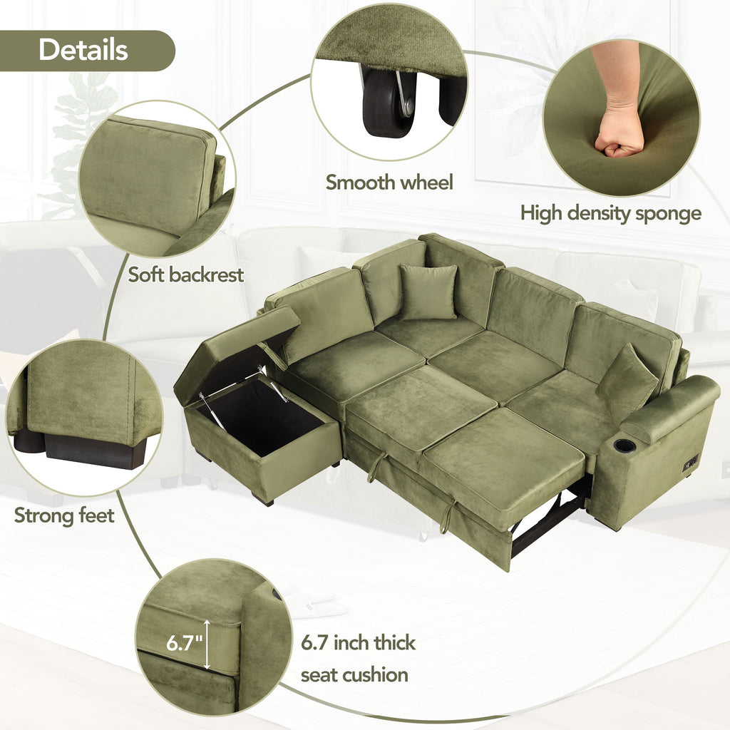 Sleeper Sofa Bed Sectional with Storage Ottoman - Gray, Beige, Green, Black