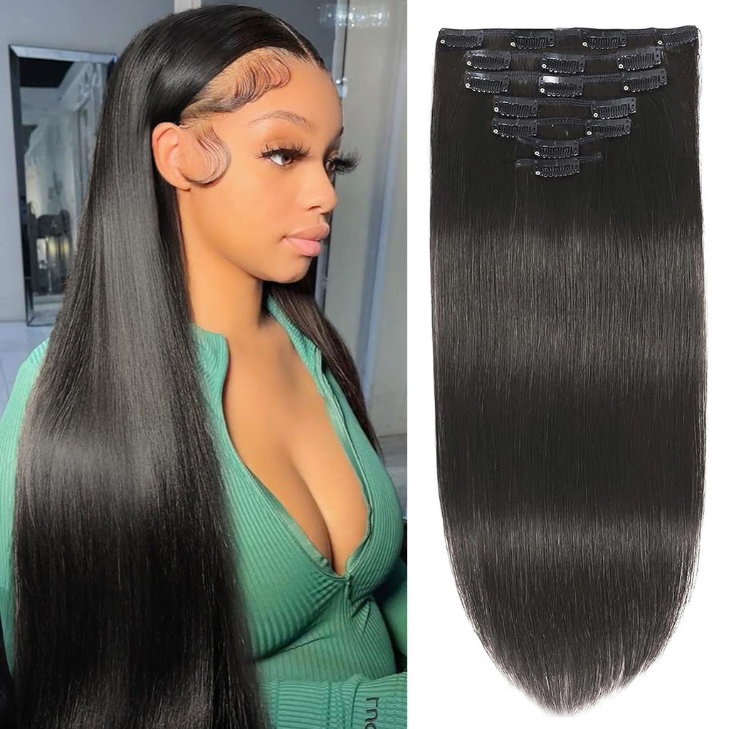 VIP ClipeX Clip-In Hair Extensions 100% Human Hair, Silky Straight 18 Inch (140g) Full Head Set