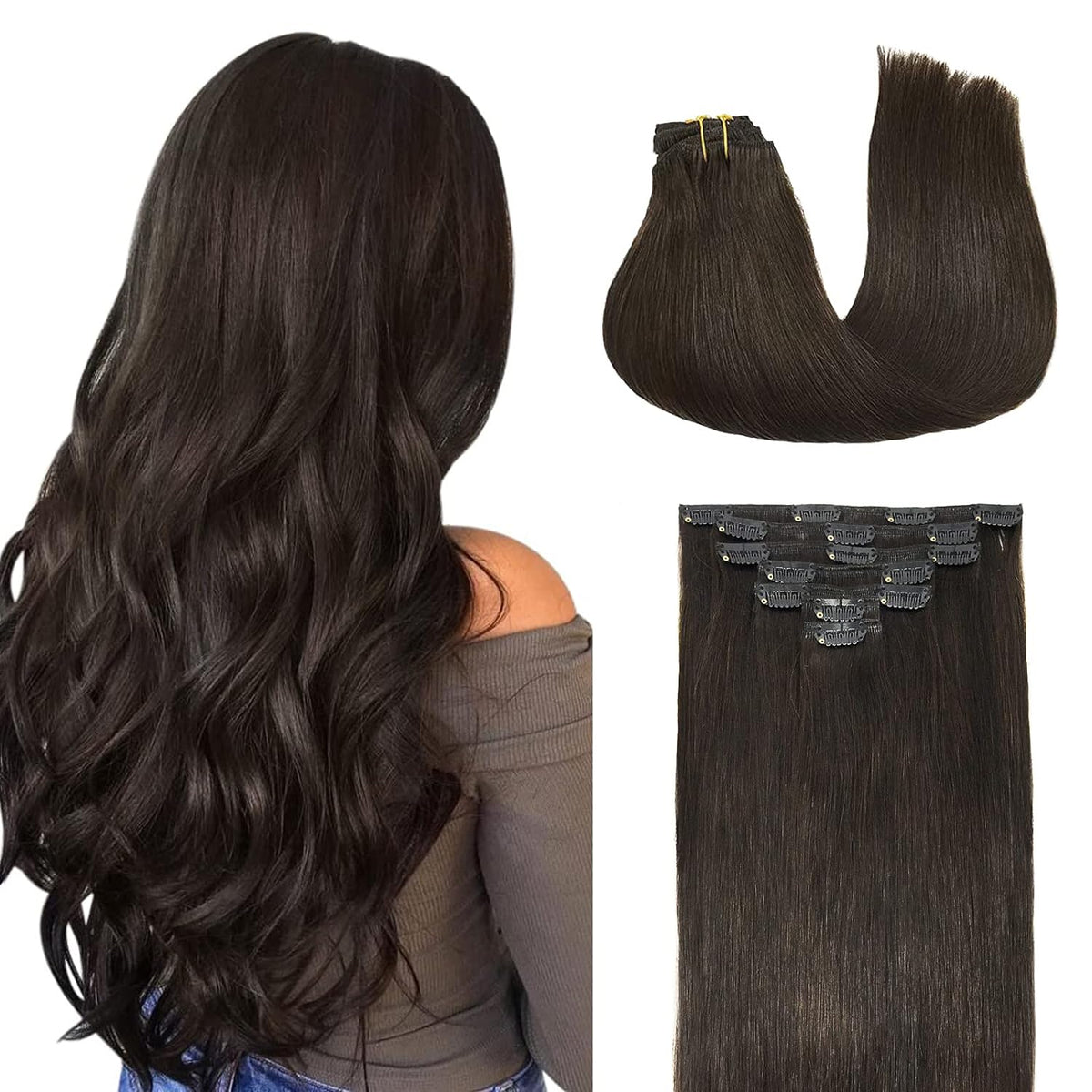 VIP ClipeX Clip-In Hair Extensions 100% Human Hair, Silky Straight 18 Inch (140g) Full Head Set
