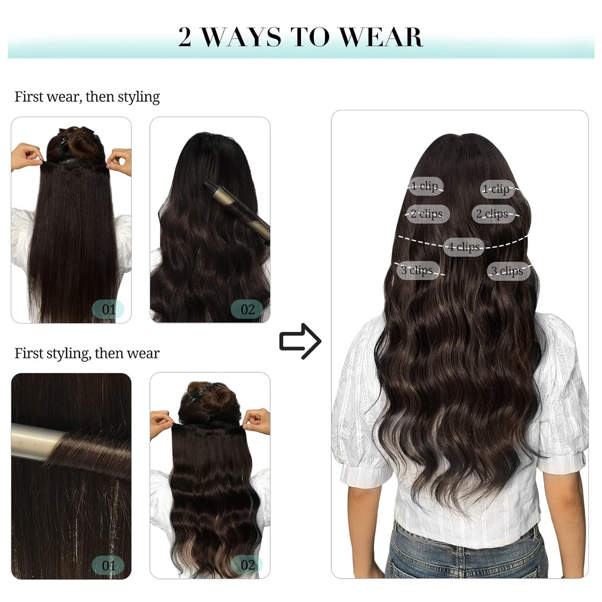 VIP ClipeX Clip-In Hair Extensions 100% Human Hair, Silky Straight 18 Inch (140g) Full Head Set