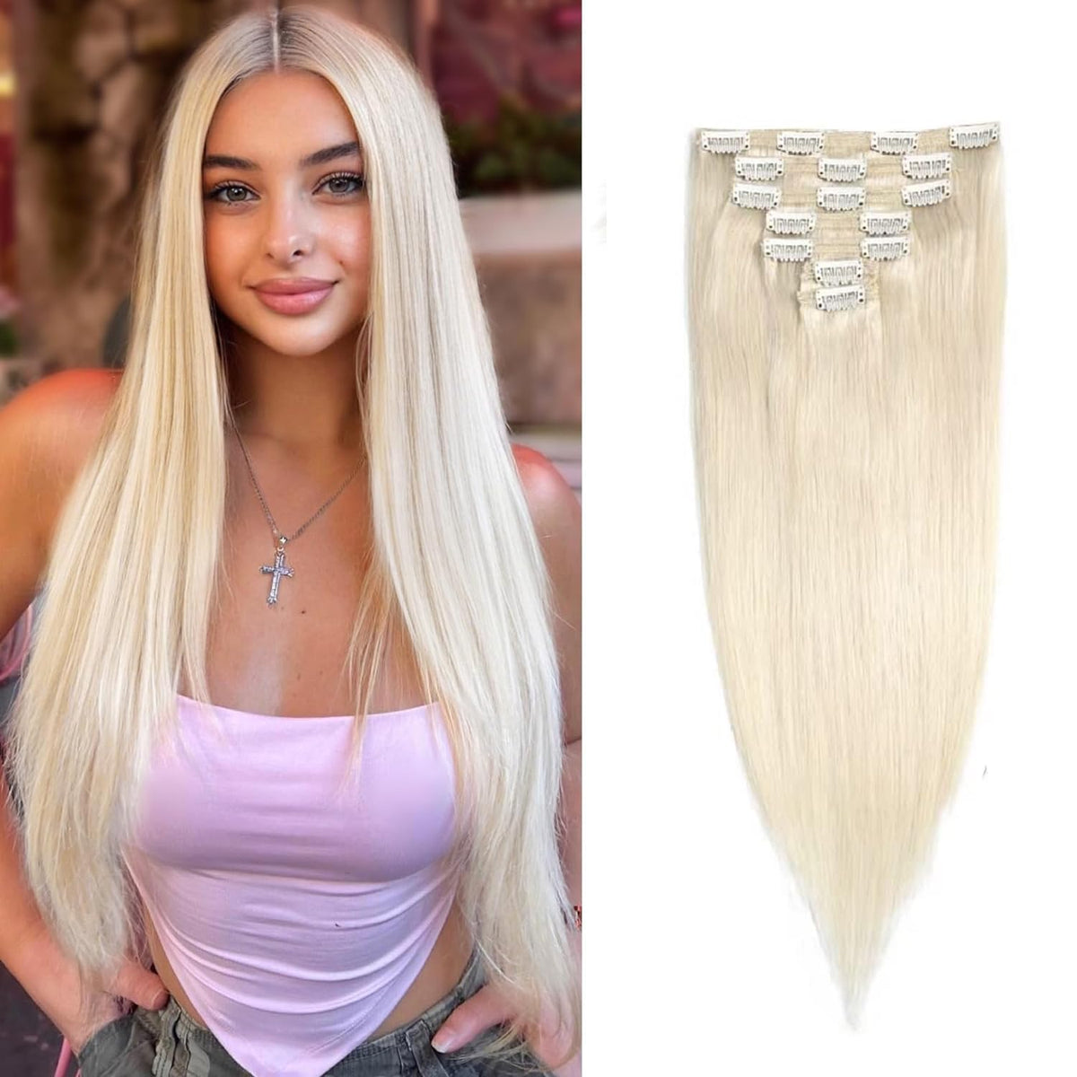 VIP ClipeX Clip-In Hair Extensions 100% Human Hair, Silky Straight 18 Inch (140g) Full Head Set