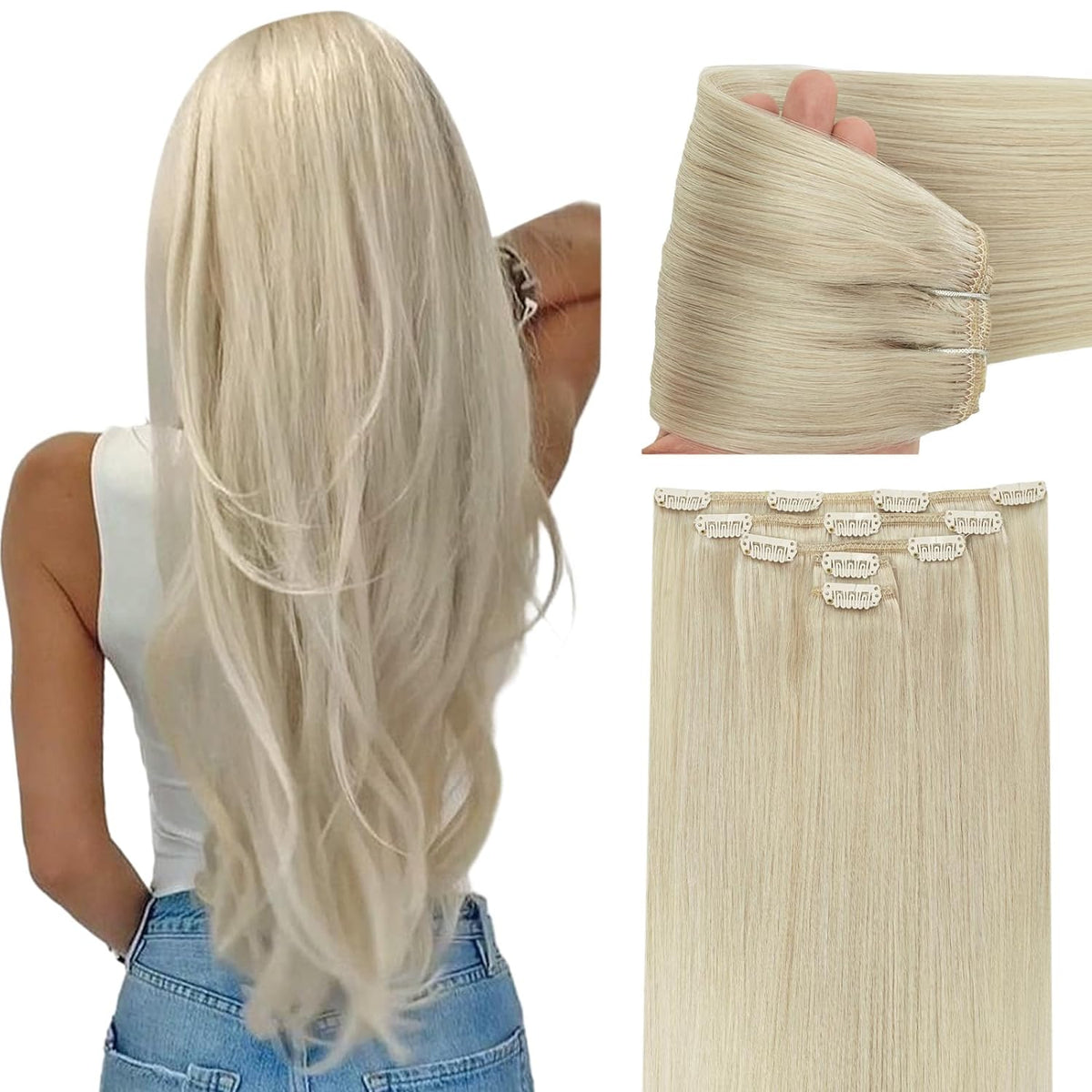 VIP ClipeX Clip-In Hair Extensions 100% Human Hair, Silky Straight 18 Inch (140g) Full Head Set