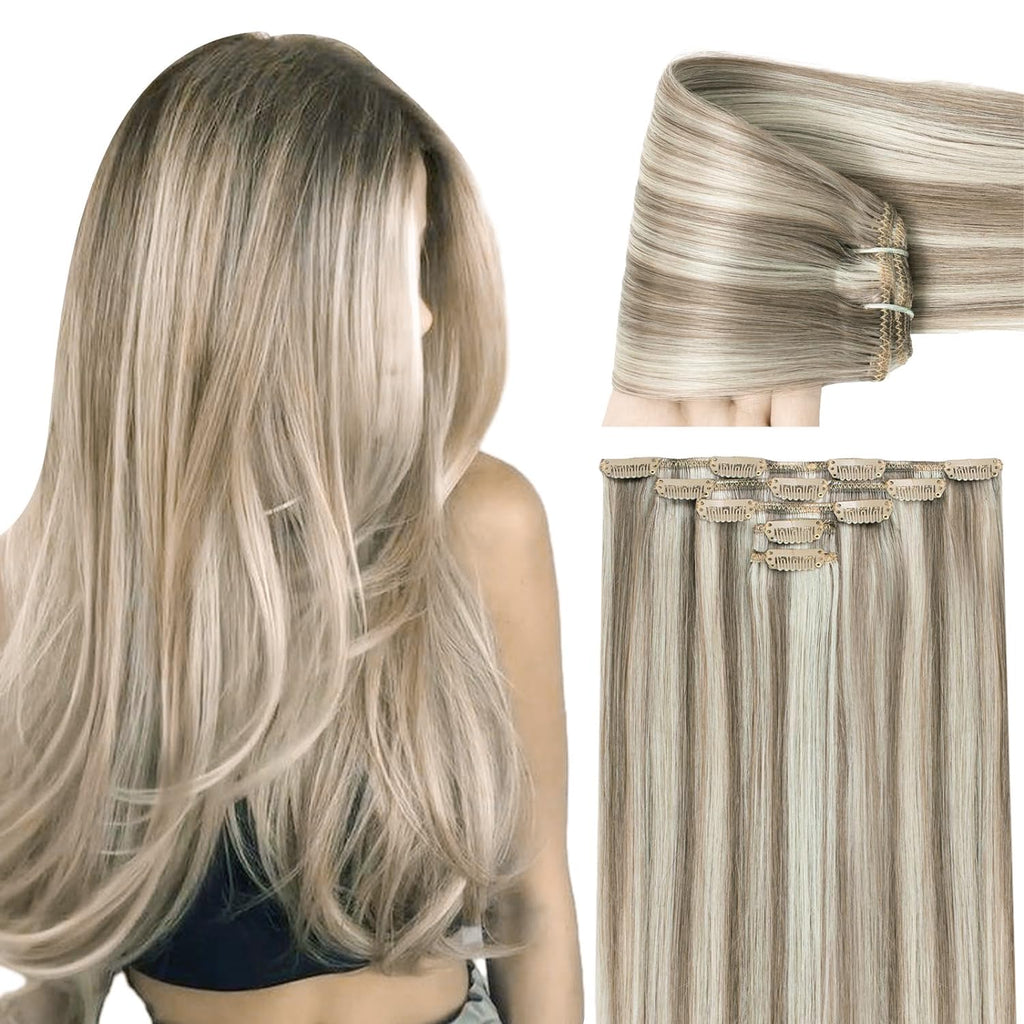 VIP ClipeX Clip-In Hair Extensions 100% Human Hair, Silky Straight 18 Inch (140g) Full Head Set