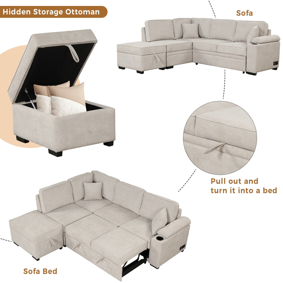 Sleeper Sofa Bed Sectional with Storage Ottoman - Gray, Beige, Green, Black
