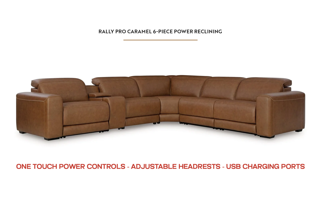 Rally Pro Caramel 6-Piece Power Reclining Sectional with Console and Immersive Sound System