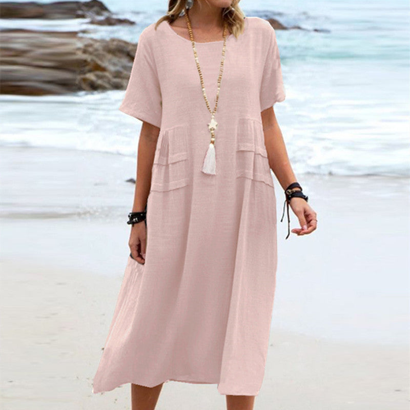 Women's Summer Loose Casual Midi Dress Breathable Cotton Linen Short-sleeve Mid-length Dresses Women Simple Beach Dress