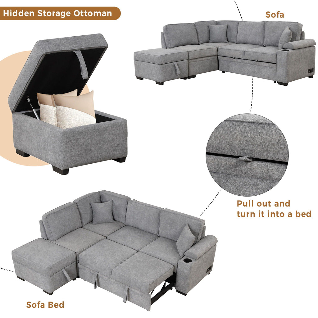 Sleeper Sofa Bed Sectional with Storage Ottoman - Gray, Beige, Green, Black