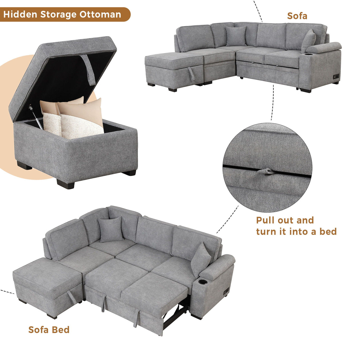 Sleeper Sofa Bed Sectional with Storage Ottoman - Gray, Beige, Green, Black