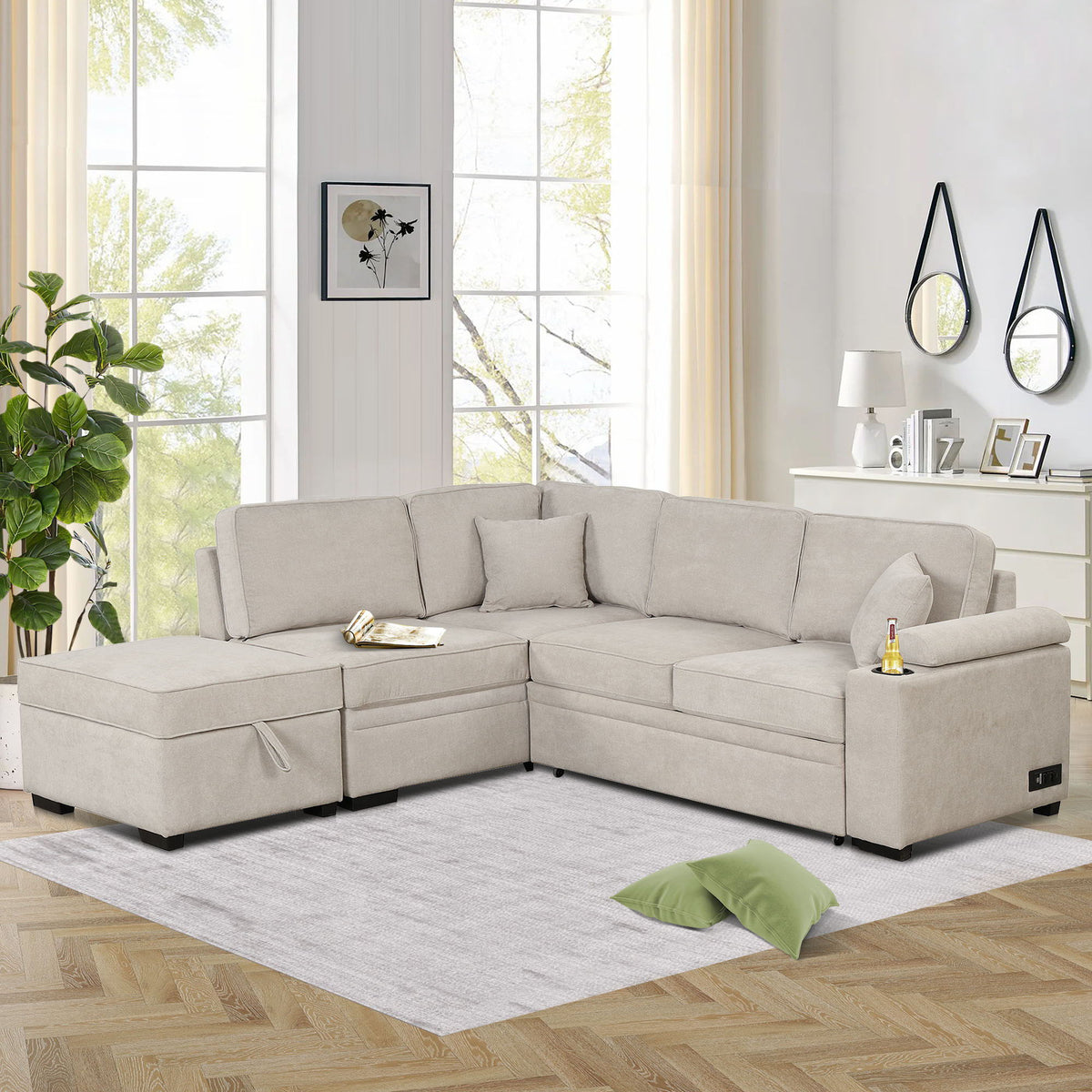 Sleeper Sofa Bed Sectional with Storage Ottoman - Gray, Beige, Green, Black