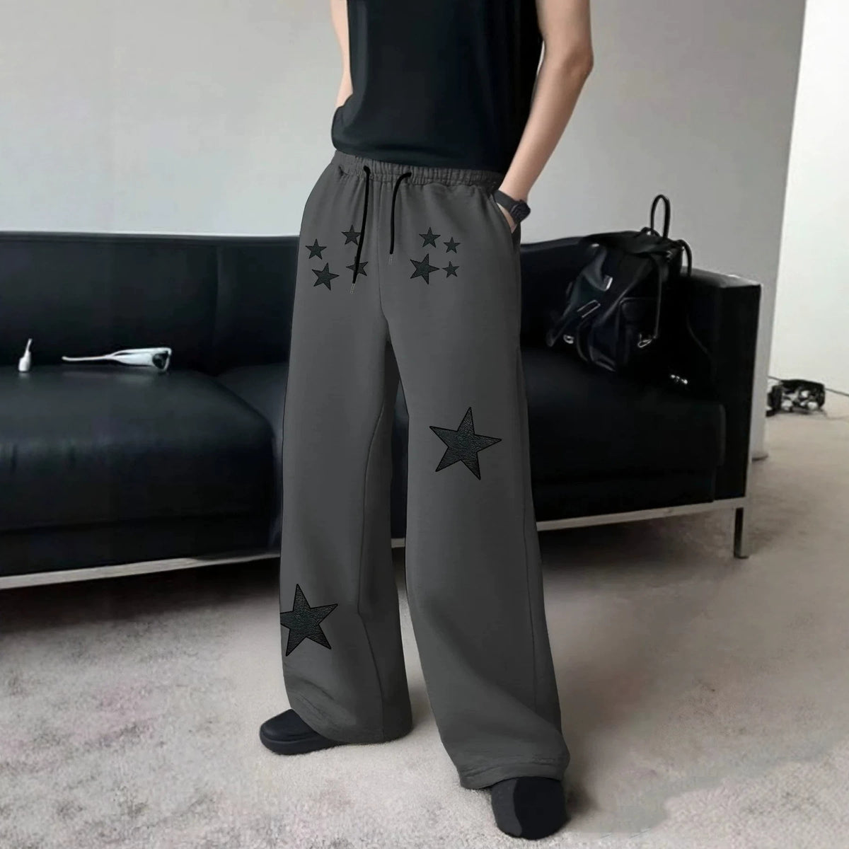 Dark Gothic Star Print Wide Leg Drawstring Sweatpants Unisex