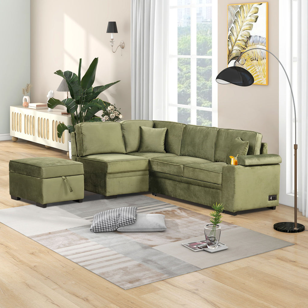 Sleeper Sofa Bed Sectional with Storage Ottoman - Gray, Beige, Green, Black