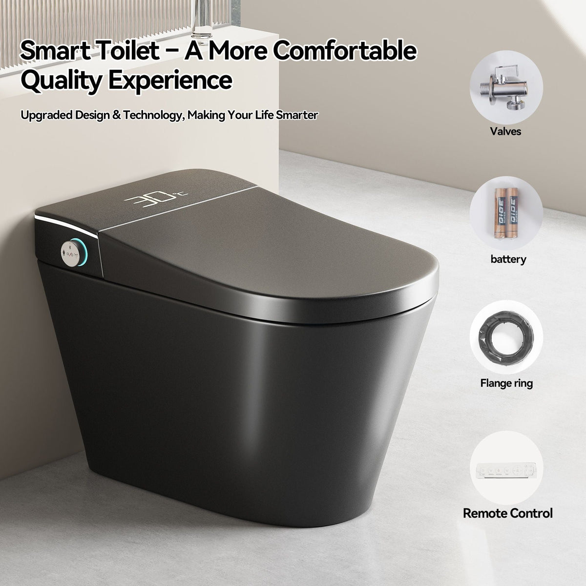 Smart Bidet Toilet with Heated Seat & Auto Open - White, Black, or Dark Gray