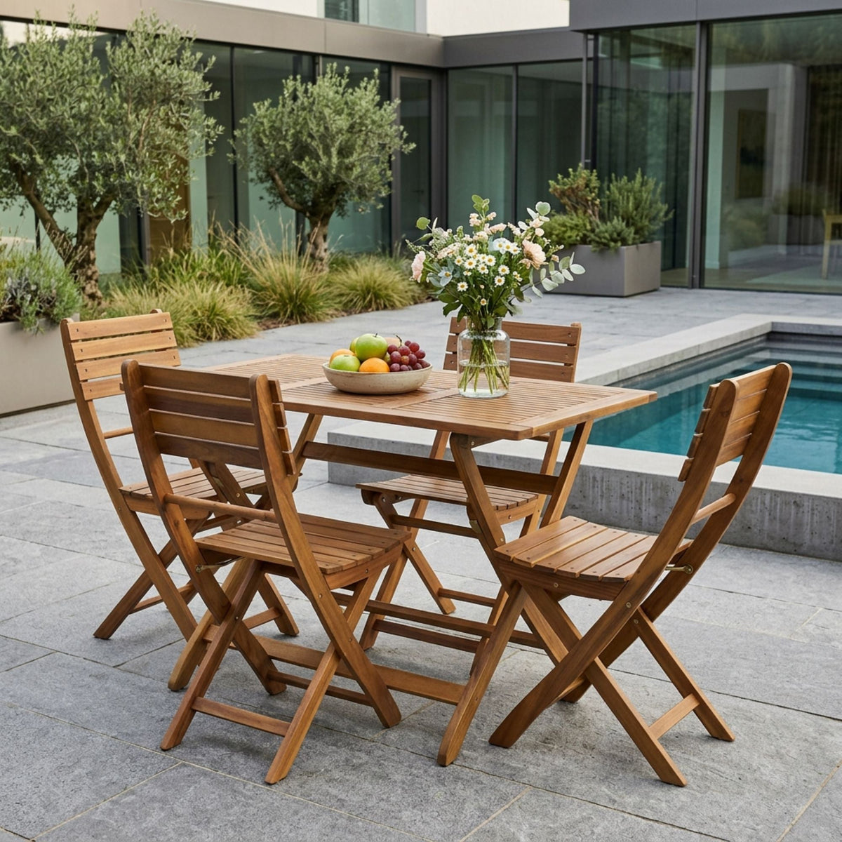 Natural Wood 5 Piece Outdoor Patio Dining Set with Folding Table and Chairs - Natural Stained