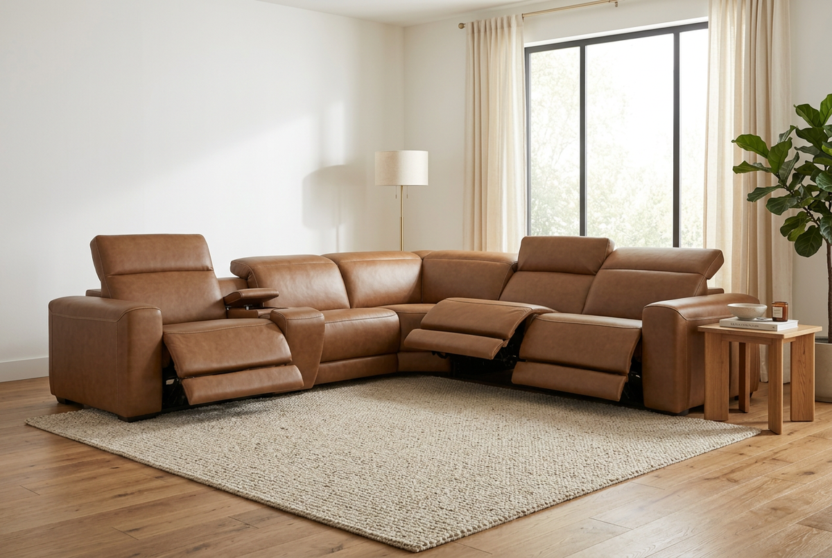 Rally Pro Caramel 6-Piece Power Reclining Sectional with Console and Immersive Sound System