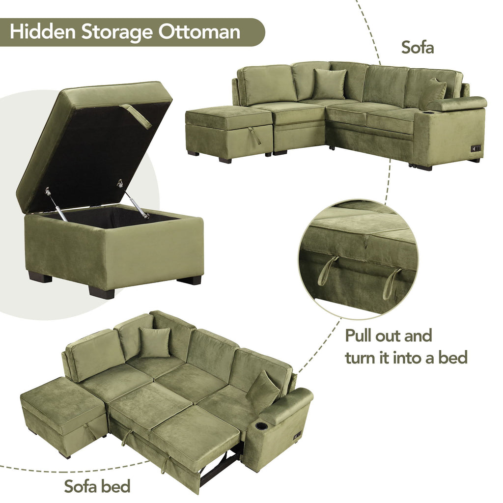 Sleeper Sofa Bed Sectional with Storage Ottoman - Gray, Beige, Green, Black