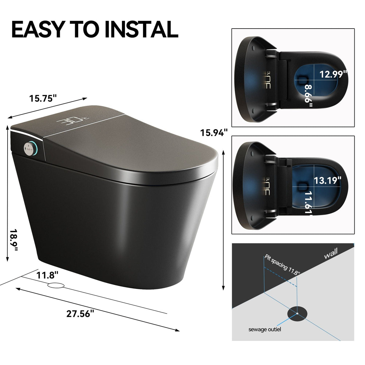 Smart Bidet Toilet with Heated Seat & Auto Open - White, Black, or Dark Gray