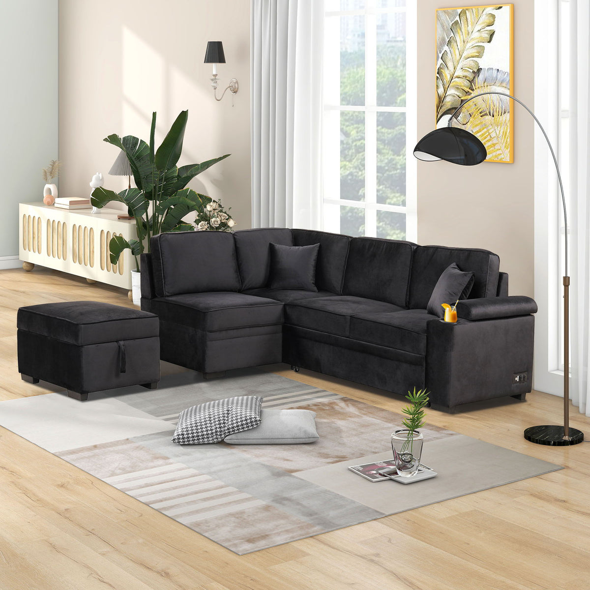 Sleeper Sofa Bed Sectional with Storage Ottoman - Gray, Beige, Green, Black