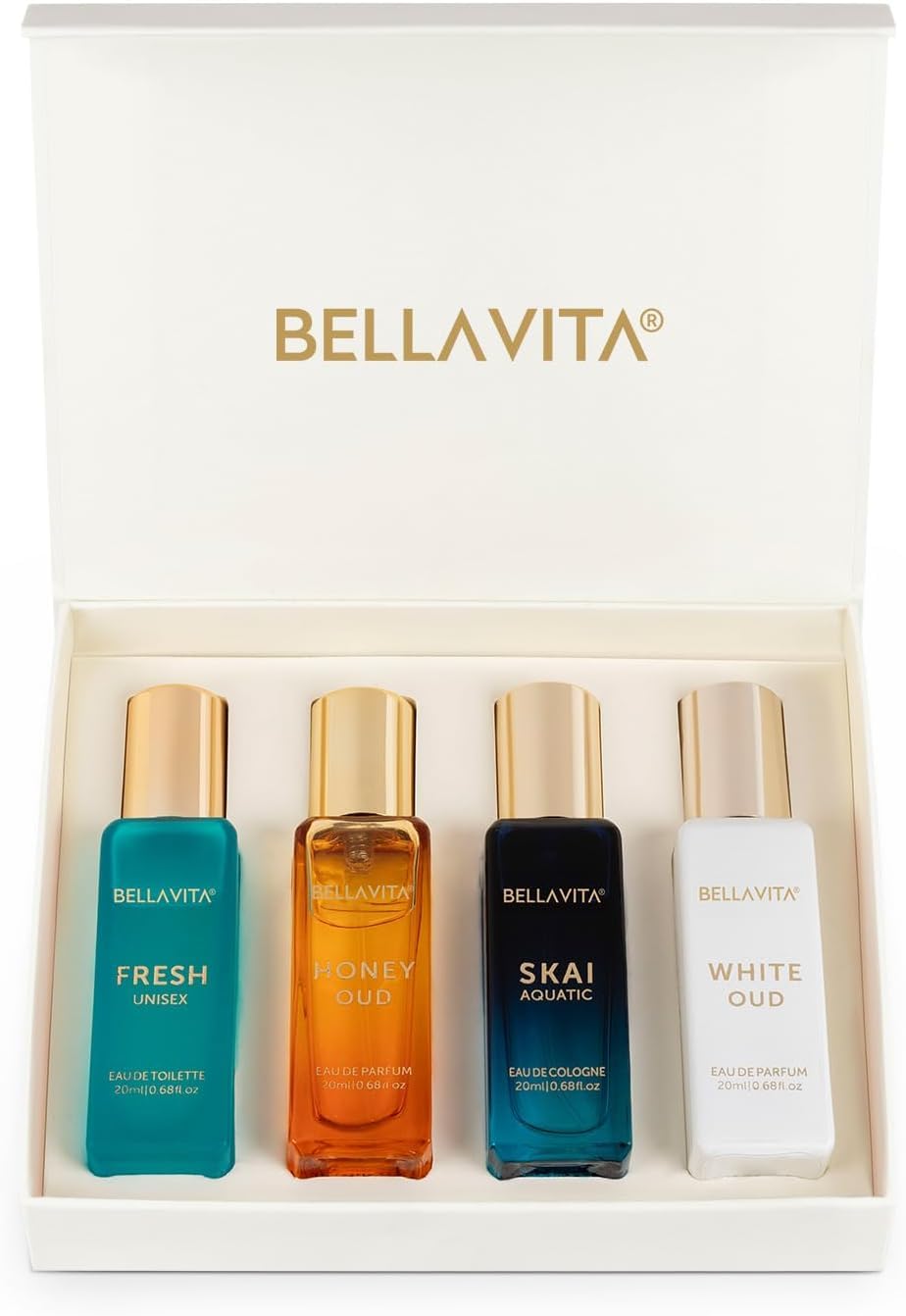 BellaVita Luxury Unisex Cologne Gift Set (4x20ml) | Fragrances Includes Honey OUD, SKAI, FRESH & White OUD | Travel Size Mini Perfumes & Spicy Vanilla Perfume Oil | Unisex Perfume for Women & Men