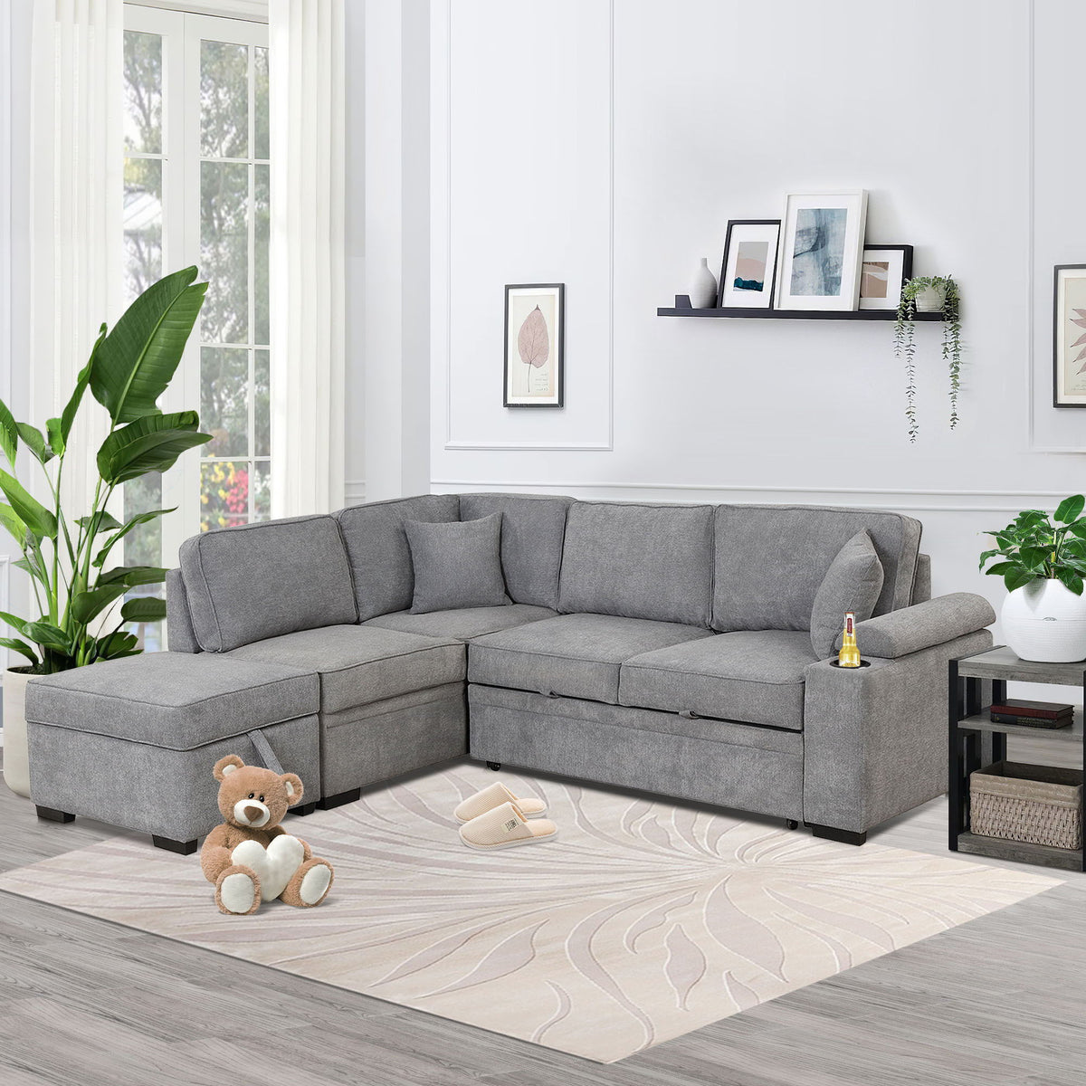 Sleeper Sofa Bed Sectional with Storage Ottoman - Gray, Beige, Green, Black