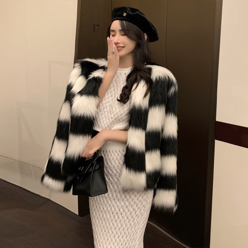 Jacket Women Winter Fur Coat Hanbok Women's Black and White Checkerboard Contrast Color Coat Women's Fur Coat