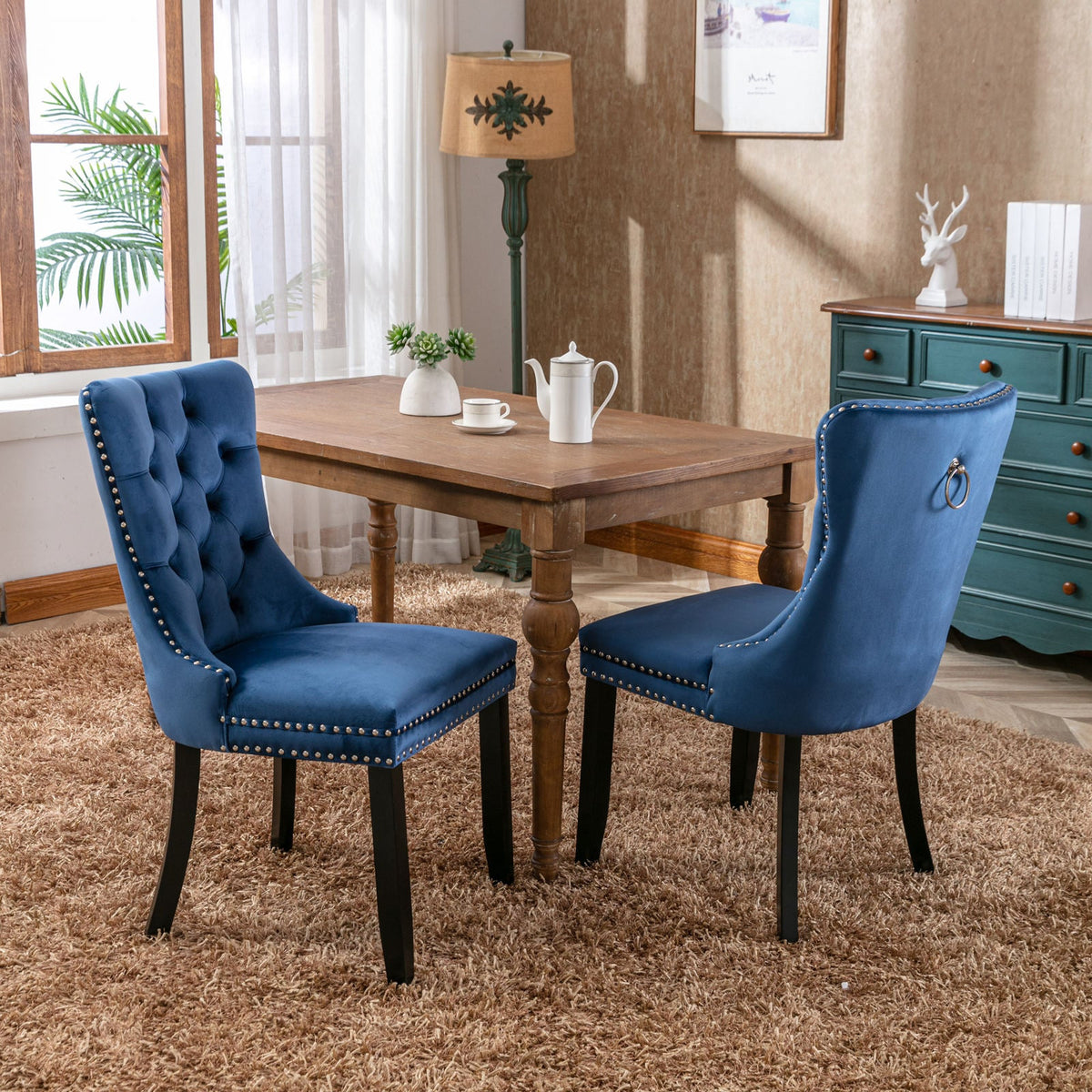 High-end Tufted Solid Wood Contemporary Velvet Upholstered Dining Chair with Wood Legs Nailhead Trim 2-Pcs Set Blue