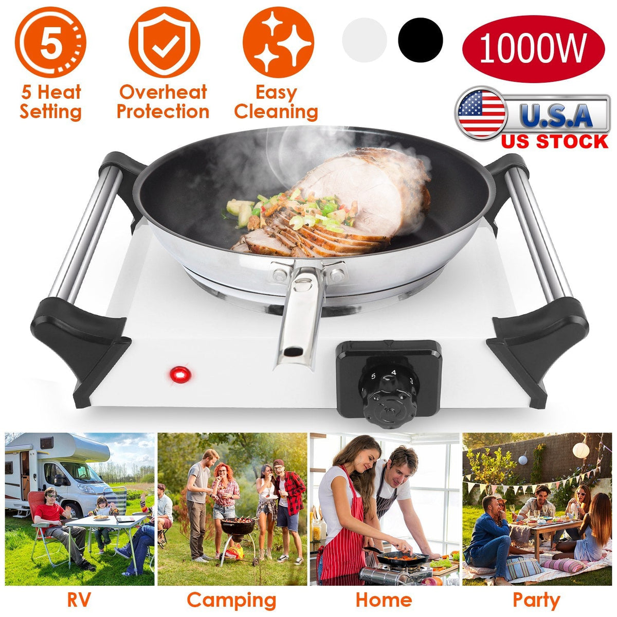 1000W Electric Single Burner Portable Coil Heating Hot Plate Stove Countertop RV Hotplate with 5 Temperature Adjustments Portable Handles