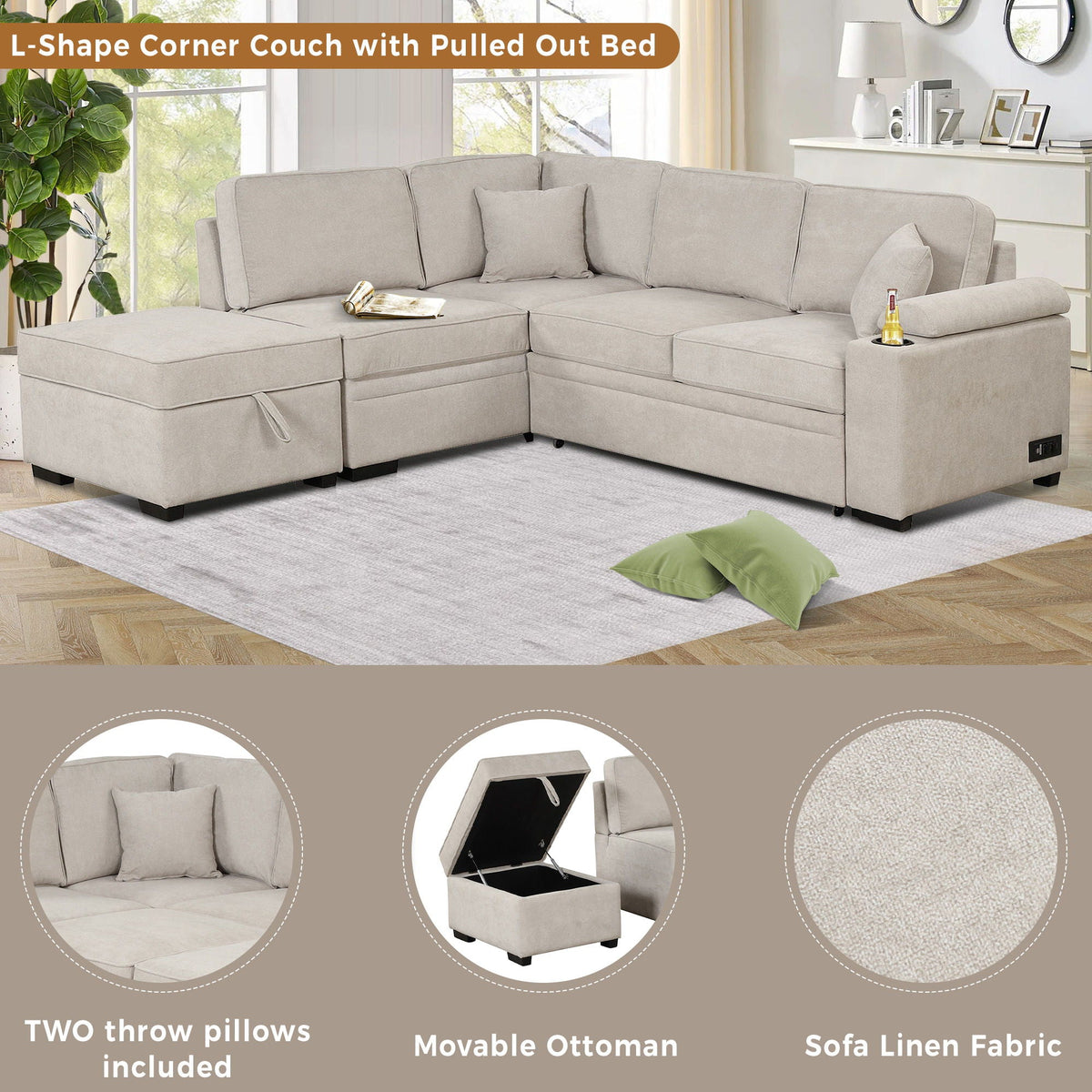 Sleeper Sofa Bed Sectional with Storage Ottoman - Gray, Beige, Green, Black