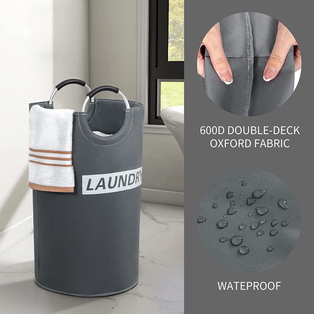 82L Large Laundry Basket Collapsible Grey Silver Fabric Hamper Foldable Laundry Bag With Handles Waterproof Washing Clothes Bin Bag Dirty Cloth Storage