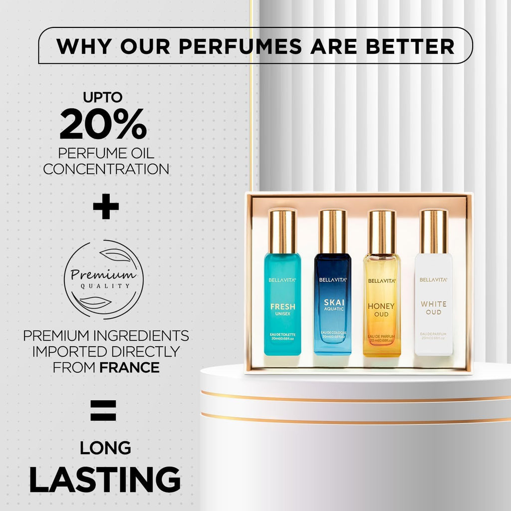 BellaVita Luxury Unisex Cologne Gift Set (4x20ml) | Fragrances Includes Honey OUD, SKAI, FRESH & White OUD | Travel Size Mini Perfumes & Spicy Vanilla Perfume Oil | Unisex Perfume for Women & Men