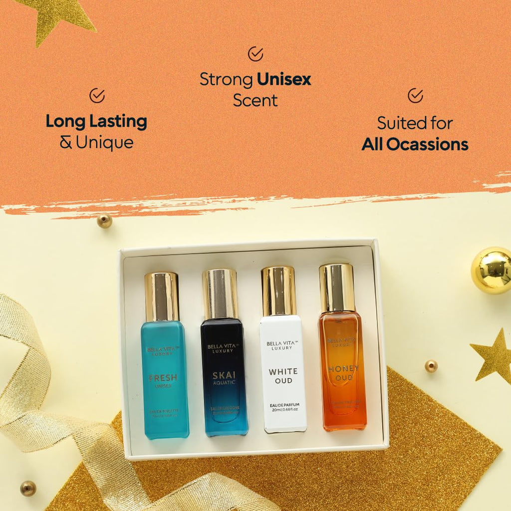 BellaVita Luxury Unisex Cologne Gift Set (4x20ml) | Fragrances Includes Honey OUD, SKAI, FRESH & White OUD | Travel Size Mini Perfumes & Spicy Vanilla Perfume Oil | Unisex Perfume for Women & Men