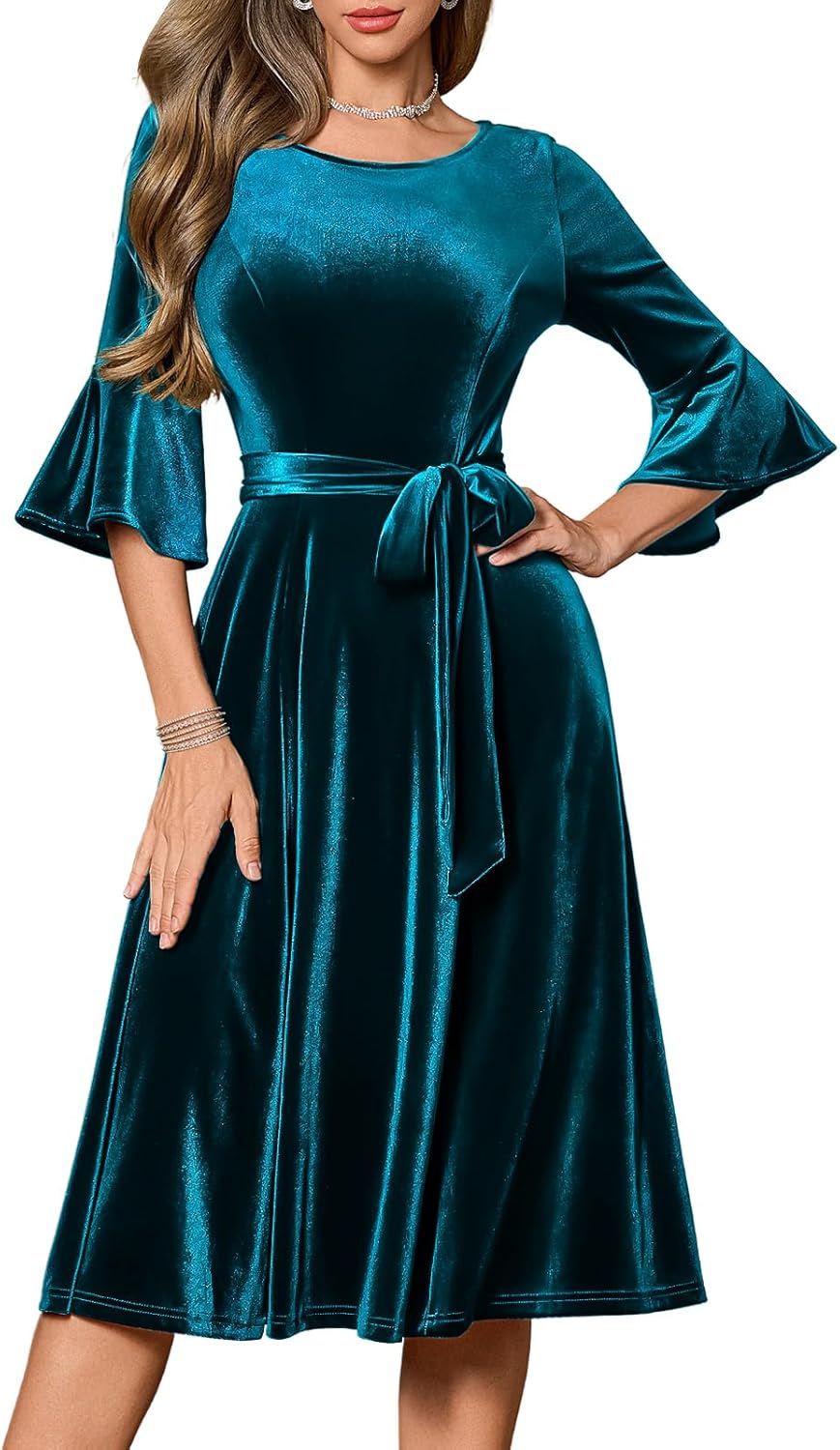 HomRain Women's Long Sleeve Velvet Midi Dresses for Wedding Guest Church Formal Winter Christmas Cocktail Party