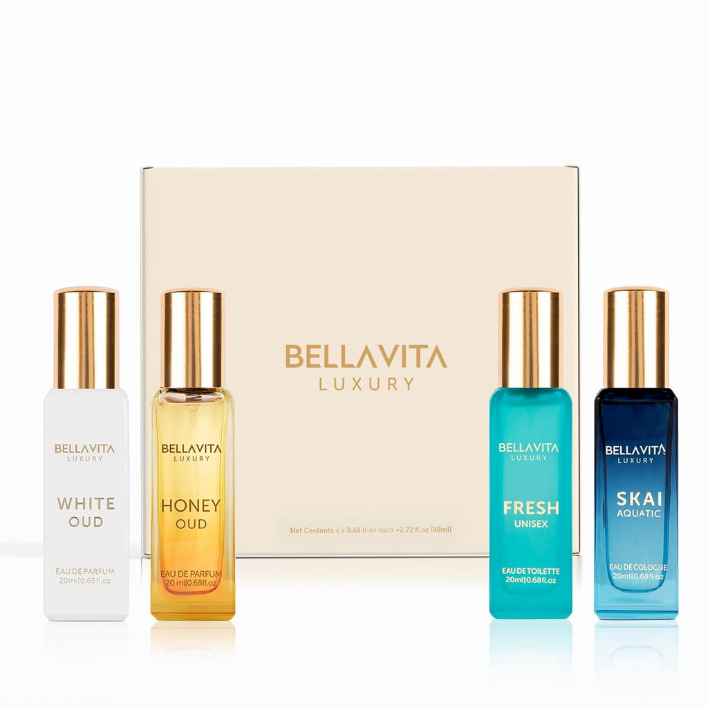 BellaVita Luxury Unisex Cologne Gift Set (4x20ml) | Fragrances Includes Honey OUD, SKAI, FRESH & White OUD | Travel Size Mini Perfumes & Spicy Vanilla Perfume Oil | Unisex Perfume for Women & Men