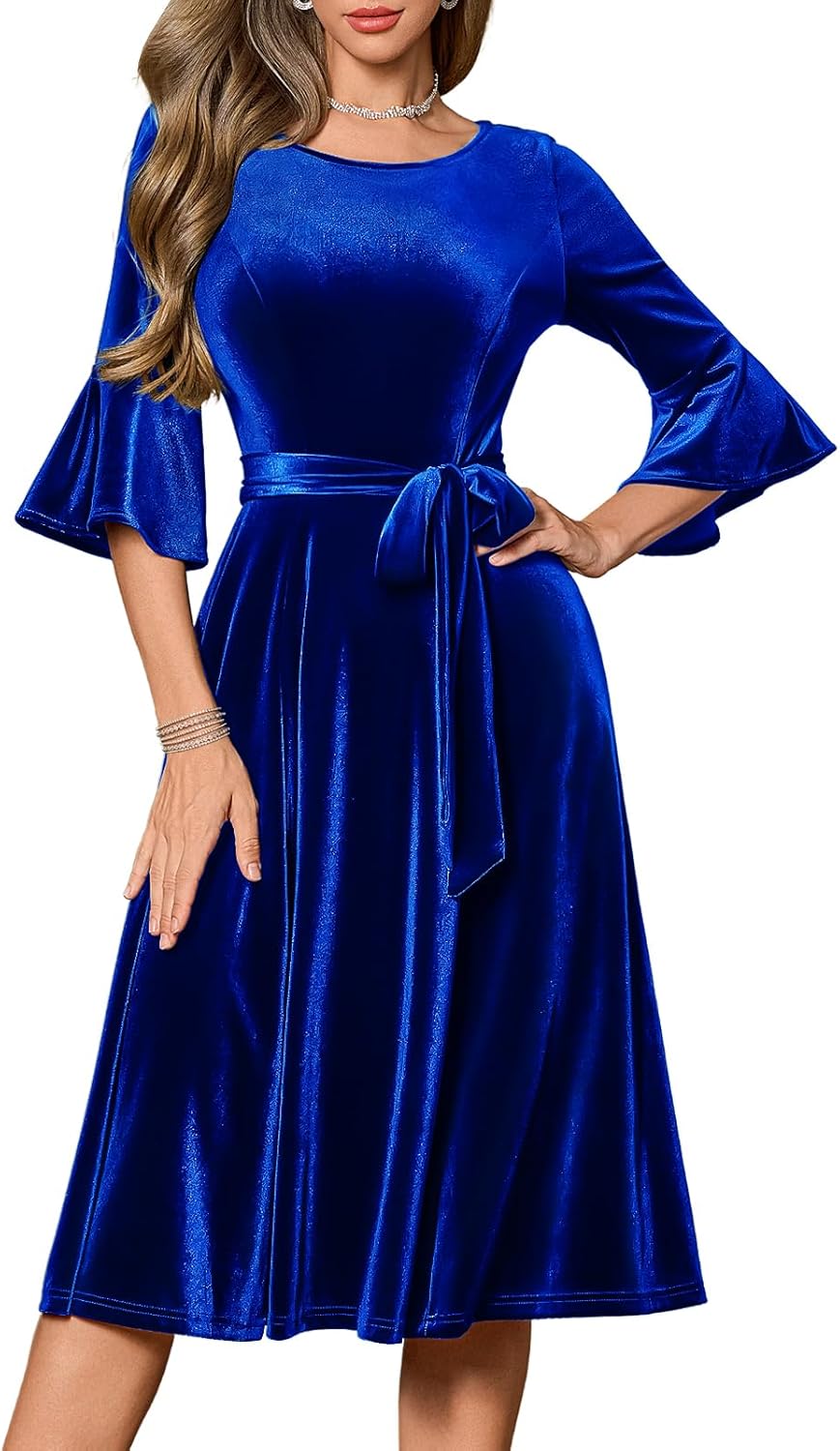 HomRain Women's Long Sleeve Velvet Midi Dresses for Wedding Guest Church Formal Winter Christmas Cocktail Party