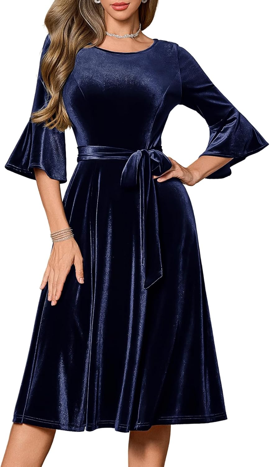 HomRain Women's Long Sleeve Velvet Midi Dresses for Wedding Guest Church Formal Winter Christmas Cocktail Party