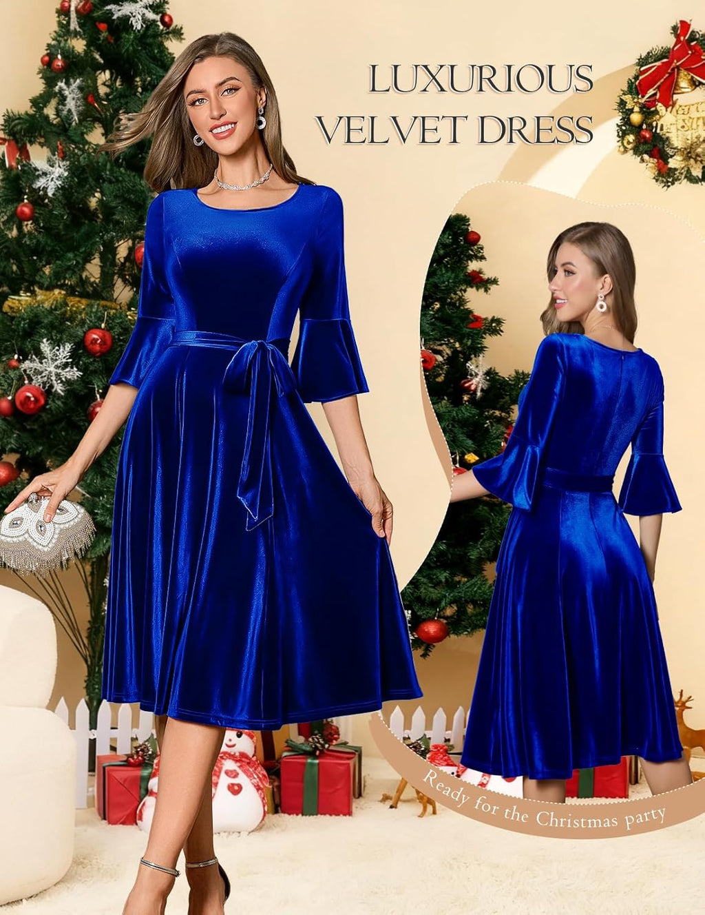 HomRain Women's Long Sleeve Velvet Midi Dresses for Wedding Guest Church Formal Winter Christmas Cocktail Party