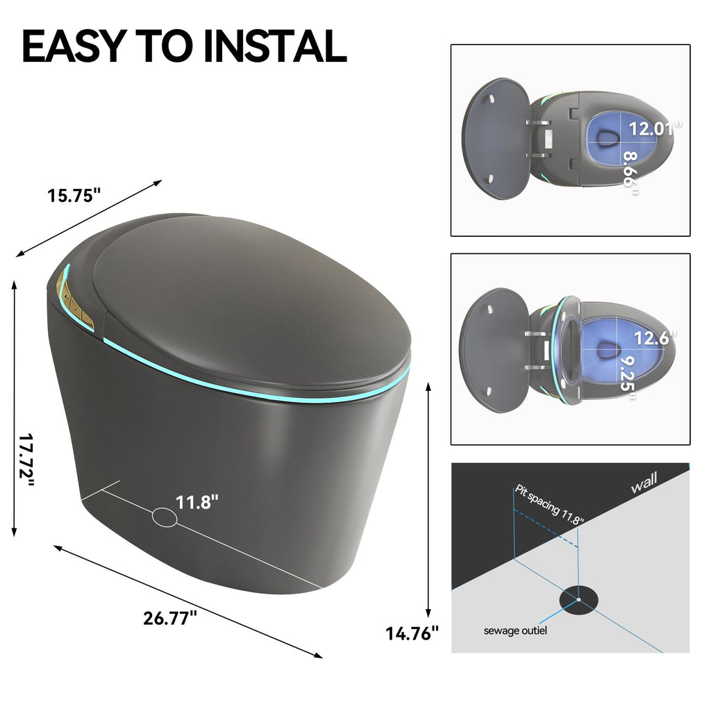 Smart Toilet with Built-In Bidet and Auto Open/Close Seat - White, Dark Gray, Black
