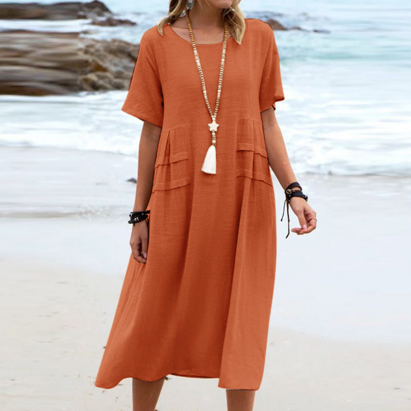 Women's Summer Loose Casual Midi Dress Breathable Cotton Linen Short-sleeve Mid-length Dresses Women Simple Beach Dress