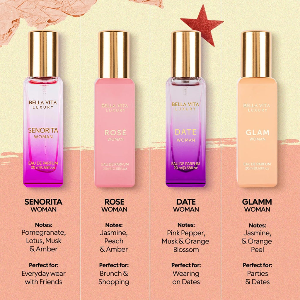 BellaVita Luxury Women's Perfume Gift Set (4x20ml) | Notes of Floral, Sweet, Spicey Red Fruit, Vanilla & Musk | DATE, SENORITA, GLAM & ROSE | French Parfum Collection Gift Set