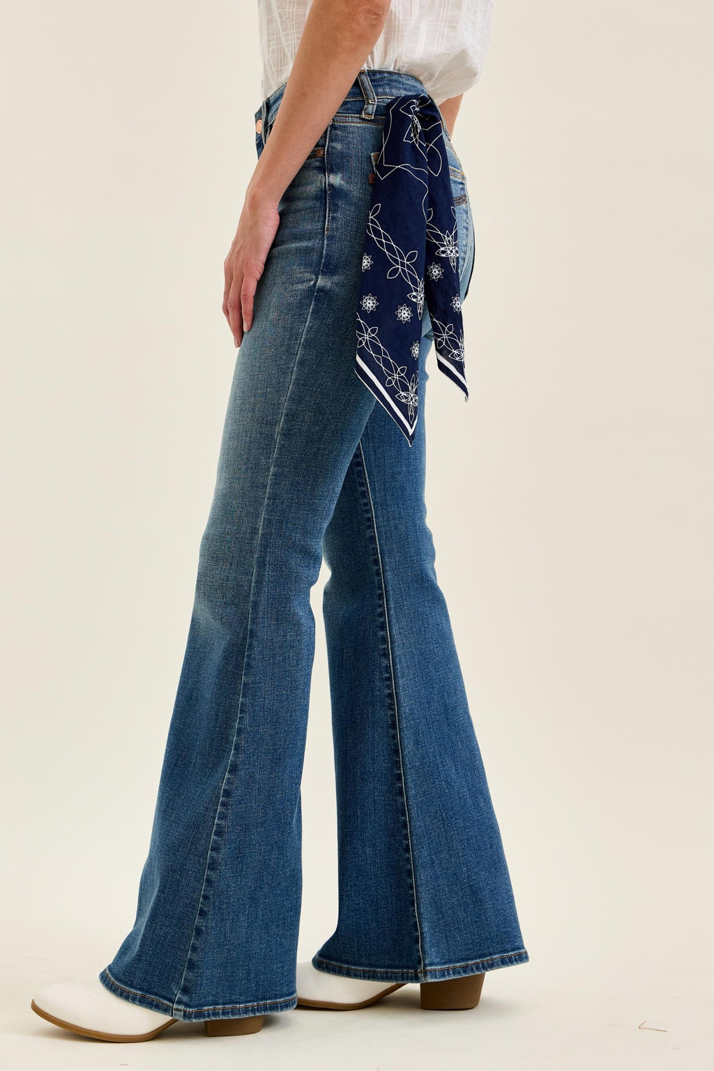 Judy Blue Mid Rise Flare Jeans for Women – Stretch Denim, Triple Needle Back Pockets, Bandana Loop Detail, 33" Inseam