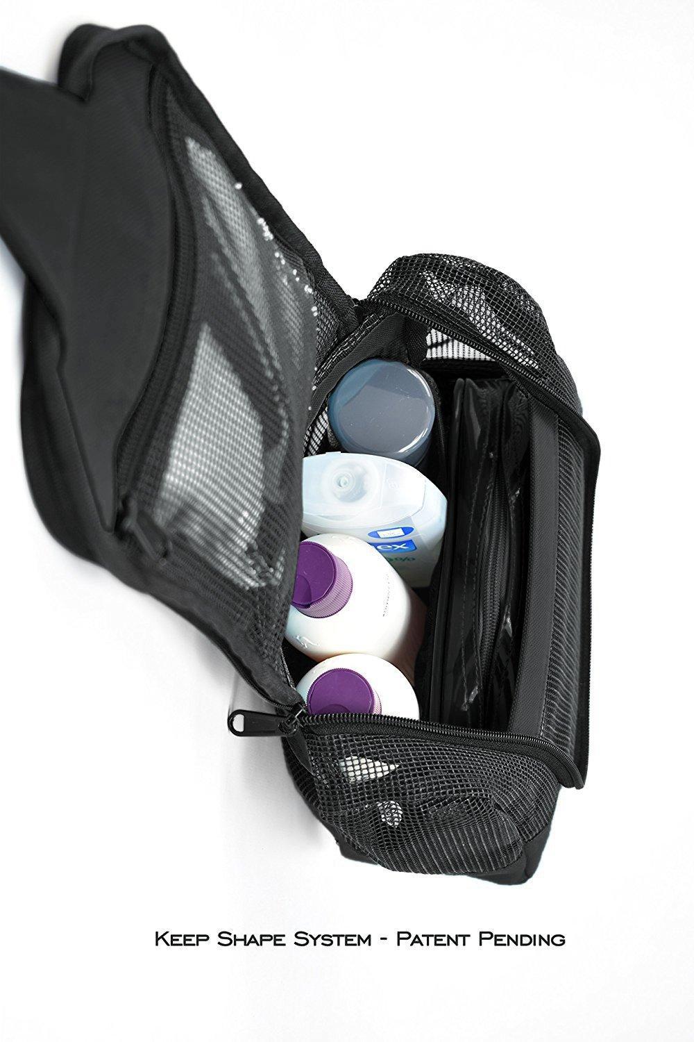 The Fine Living Co. Portable Hanging Shower Caddy Organizer Bag (Free Toiletries Case Metal Hook) Quick Dry Mesh Shower Caddy Tote Bag Pouch For Bathroom College Dorm Camp Gym Camping 10”x4”x8”(Black)