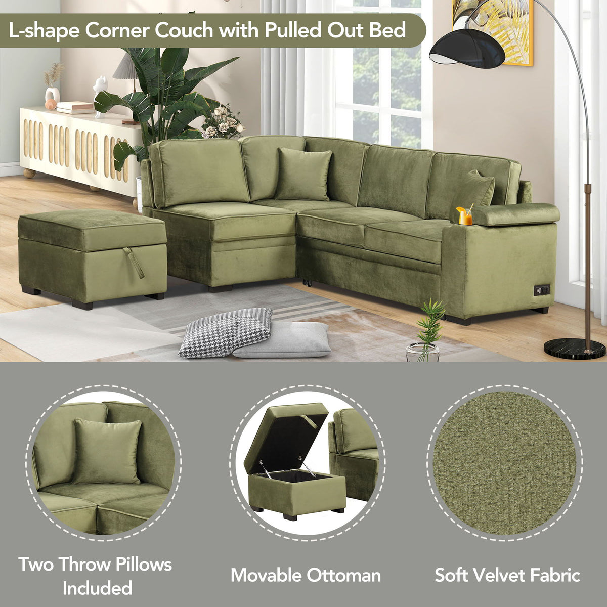 Sleeper Sofa Bed Sectional with Storage Ottoman - Gray, Beige, Green, Black
