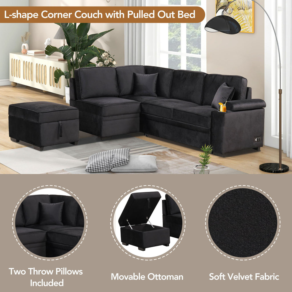 Sleeper Sofa Bed Sectional with Storage Ottoman - Gray, Beige, Green, Black